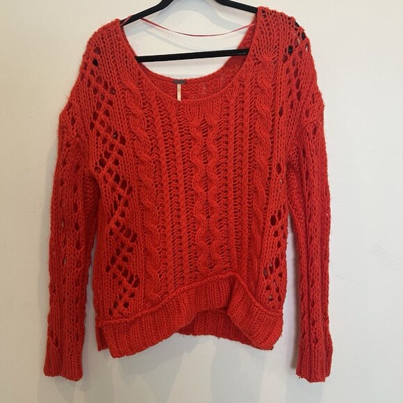 Free People Sweater Open Knit Cable Orange Cropped Oversized S - Picture 1 of 8